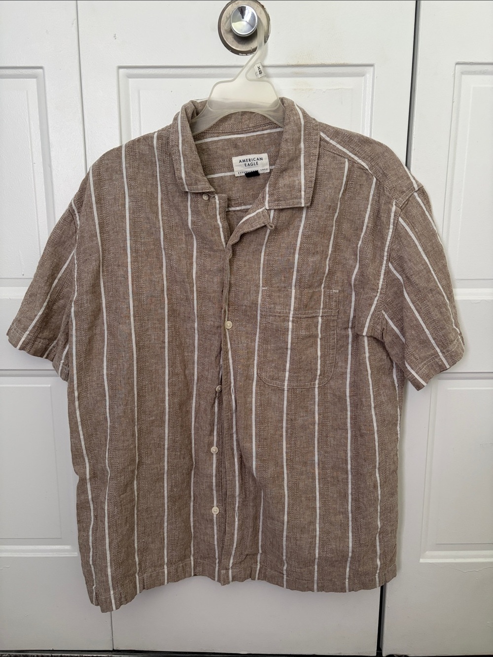 American Eagle Outfitters Brown and White Striped Short-Sleeve Button-Up